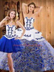 With Train Multi-color 15th Birthday Dress Satin and Fabric With Rolling Flowers Sweep Train Sleeveless Embroidery