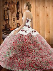 Classical Sweep Train Ball Gowns 15th Birthday Dress Multi-color Halter Top Fabric With Rolling Flowers Sleeveless Lace Up
