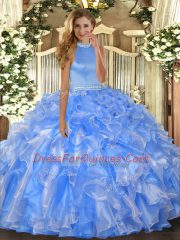 Baby Blue Ball Gowns Organza Halter Top Sleeveless Beading and Ruffles Floor Length Backless Sweet 16 Dresses