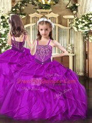 Most Popular Straps Sleeveless Little Girl Pageant Dress Floor Length Beading and Ruffles Fuchsia Organza