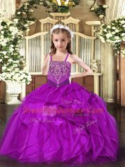 Most Popular Straps Sleeveless Little Girl Pageant Dress Floor Length Beading and Ruffles Fuchsia Organza