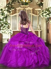 Most Popular Straps Sleeveless Little Girl Pageant Dress Floor Length Beading and Ruffles Fuchsia Organza
