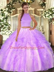 Lavender Two Pieces Organza Halter Top Sleeveless Beading and Ruffles Floor Length Backless 15th Birthday Dress