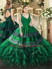 Enchanting Dark Green Sleeveless Floor Length Beading and Lace and Ruffles Backless Quince Ball Gowns