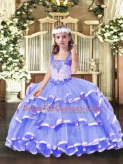 Lavender Ball Gowns Organza Straps Sleeveless Beading and Ruffled Layers Floor Length Lace Up Pageant Dress Toddler