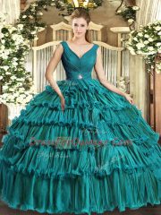 Sleeveless Organza Floor Length Backless Vestidos de Quinceanera in Teal with Beading and Ruffled Layers