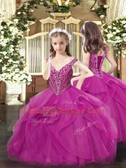 Admirable Fuchsia Tulle Lace Up V-neck Sleeveless Floor Length Little Girl Pageant Gowns Beading and Ruffles