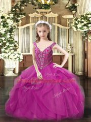 Admirable Fuchsia Tulle Lace Up V-neck Sleeveless Floor Length Little Girl Pageant Gowns Beading and Ruffles