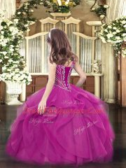 Admirable Fuchsia Tulle Lace Up V-neck Sleeveless Floor Length Little Girl Pageant Gowns Beading and Ruffles
