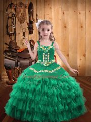 Turquoise Ball Gowns Embroidery and Ruffled Layers Little Girls Pageant Gowns Lace Up Organza Sleeveless Floor Length