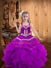 Wonderful Purple Straps Lace Up Embroidery and Ruffles Little Girls Pageant Dress Wholesale Sleeveless