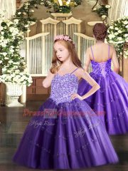 Affordable Floor Length Purple Kids Pageant Dress Spaghetti Straps Sleeveless Lace Up