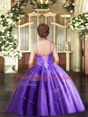 Affordable Floor Length Purple Kids Pageant Dress Spaghetti Straps Sleeveless Lace Up