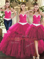 Fuchsia Lace Up Sweet 16 Dress Ruffles Sleeveless Floor Length
