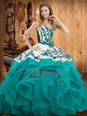 Superior Floor Length Teal Sweet 16 Quinceanera Dress Satin and Organza Sleeveless Embroidery and Ruffles