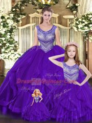 Eggplant Purple Lace Up Scoop Beading and Ruffles Sweet 16 Quinceanera Dress Tulle Sleeveless