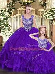 Eggplant Purple Lace Up Scoop Beading and Ruffles Sweet 16 Quinceanera Dress Tulle Sleeveless