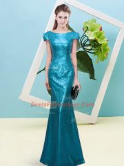 Floor Length Teal Prom Evening Gown Scoop Cap Sleeves Zipper