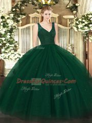Ball Gowns 15 Quinceanera Dress Dark Green V-neck Tulle and Sequined Sleeveless Floor Length Zipper