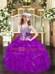 Purple Ball Gowns Straps Sleeveless Organza Floor Length Lace Up Beading and Ruffles Pageant Gowns For Girls