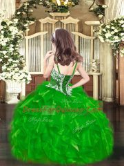 Purple Ball Gowns Straps Sleeveless Organza Floor Length Lace Up Beading and Ruffles Pageant Gowns For Girls