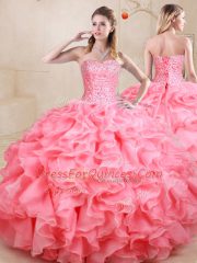Customized Watermelon Red Organza Lace Up Sweetheart Sleeveless Floor Length Quinceanera Gown Beading and Ruffles