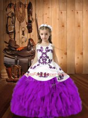 Eggplant Purple Straps Lace Up Embroidery and Ruffles Child Pageant Dress Sleeveless