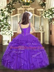 Fuchsia Ball Gowns Tulle Straps Sleeveless Beading and Ruffles Floor Length Lace Up Little Girls Pageant Dress