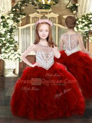 Graceful Wine Red Scoop Zipper Beading and Ruffles Kids Pageant Dress Sleeveless