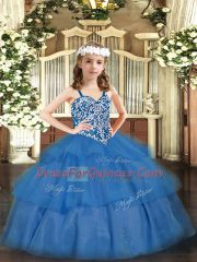 Baby Blue Girls Pageant Dresses Party and Quinceanera with Beading and Ruffled Layers Straps Sleeveless Lace Up