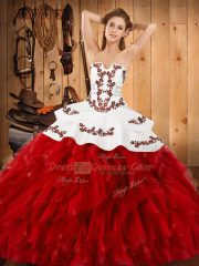 Popular Wine Red Sleeveless Satin and Organza Lace Up Vestidos de Quinceanera for Military Ball and Sweet 16 and Quinceanera