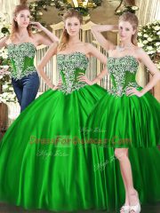 Green Three Pieces Beading Quinceanera Gowns Lace Up Tulle Sleeveless Floor Length