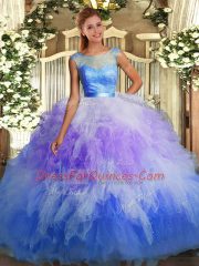 Amazing Multi-color Ball Gowns Lace and Ruffles Sweet 16 Quinceanera Dress Backless Tulle Sleeveless Floor Length