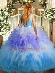 Amazing Multi-color Ball Gowns Lace and Ruffles Sweet 16 Quinceanera Dress Backless Tulle Sleeveless Floor Length