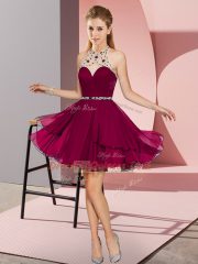 High Quality Fuchsia Empire Halter Top Sleeveless Chiffon Mini Length Zipper Beading Homecoming Dress