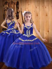 Royal Blue Sleeveless Floor Length Embroidery Lace Up Little Girls Pageant Dress