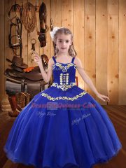 Royal Blue Sleeveless Floor Length Embroidery Lace Up Little Girls Pageant Dress