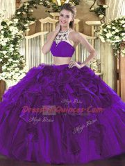 Sleeveless Floor Length Beading and Ruffles Backless Quince Ball Gowns with Eggplant Purple