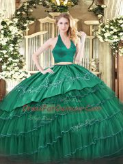 Low Price Dark Green Two Pieces Organza and Taffeta Halter Top Sleeveless Embroidery and Ruffled Layers Floor Length Zipper Vestidos de Quinceanera