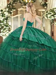 Low Price Dark Green Two Pieces Organza and Taffeta Halter Top Sleeveless Embroidery and Ruffled Layers Floor Length Zipper Vestidos de Quinceanera