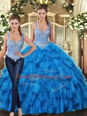 Floor Length Teal 15 Quinceanera Dress Tulle Sleeveless Beading and Ruffles