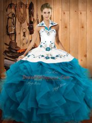 Floor Length Lace Up Sweet 16 Quinceanera Dress Teal for Military Ball and Sweet 16 and Quinceanera with Embroidery and Ruffles