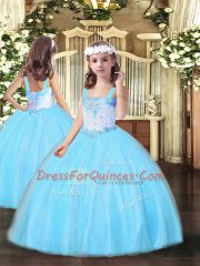 Aqua Blue Lace Up Straps Beading Little Girl Pageant Gowns Tulle Sleeveless