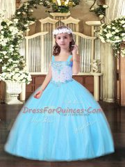 Aqua Blue Lace Up Straps Beading Little Girl Pageant Gowns Tulle Sleeveless