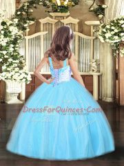 Aqua Blue Lace Up Straps Beading Little Girl Pageant Gowns Tulle Sleeveless
