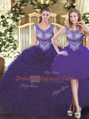 Purple Scoop Neckline Beading and Ruffles Quinceanera Gowns Sleeveless Lace Up