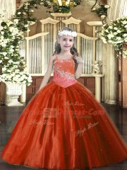 Rust Red Ball Gowns Straps Sleeveless Tulle Floor Length Lace Up Beading Little Girl Pageant Dress