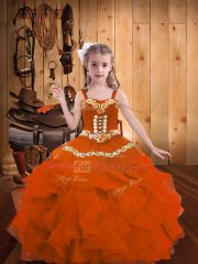 Orange Red Ball Gowns Organza Straps Sleeveless Embroidery and Ruffles Floor Length Lace Up Little Girls Pageant Gowns