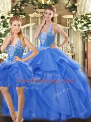 Tulle Straps Sleeveless Lace Up Beading and Ruffles Quinceanera Dresses in Blue