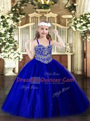 Stylish Royal Blue Straps Neckline Beading Little Girls Pageant Gowns Sleeveless Lace Up